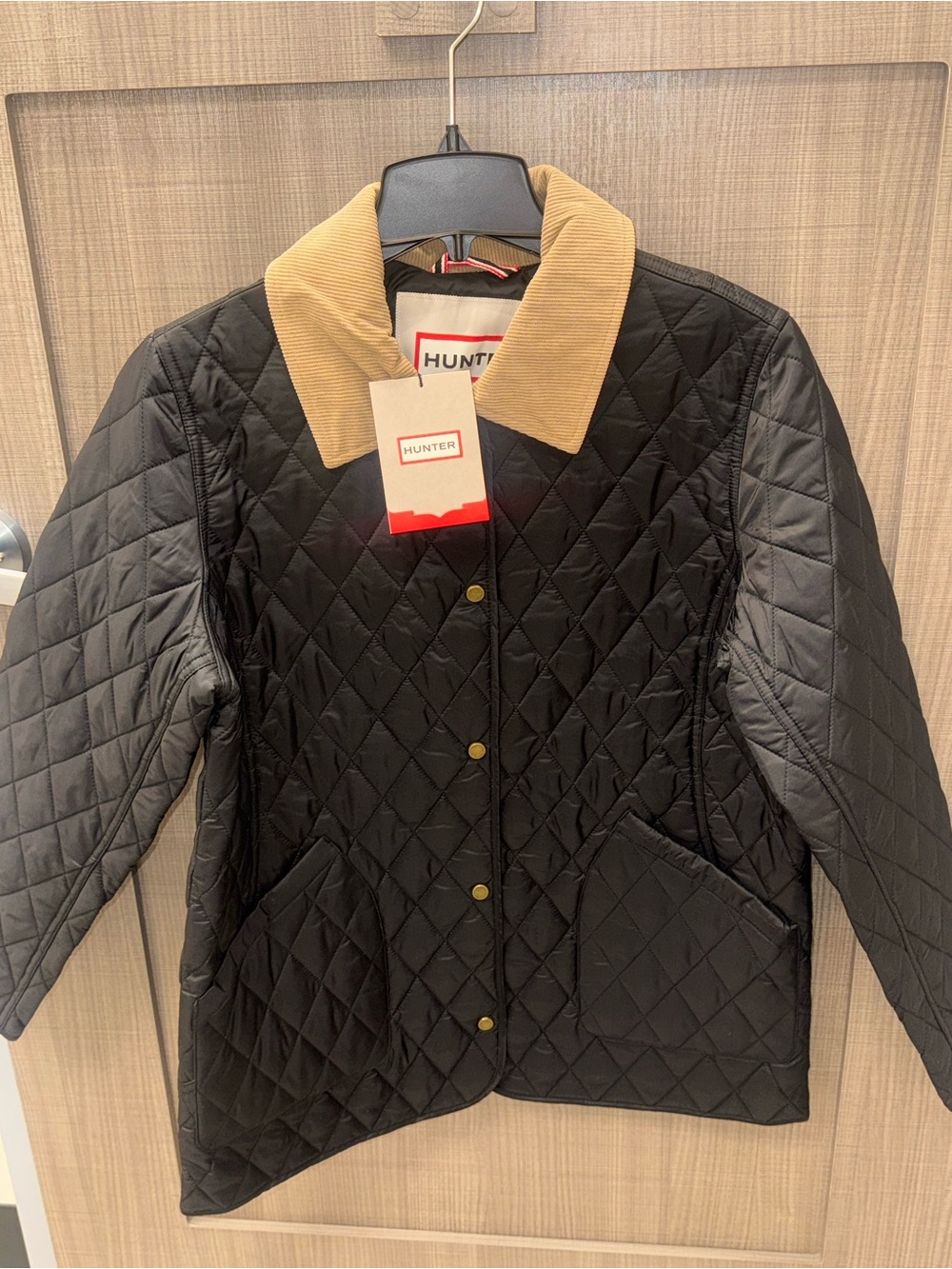 Hunter Black Quilted Utility Jacket with Tan Corduroy Collar